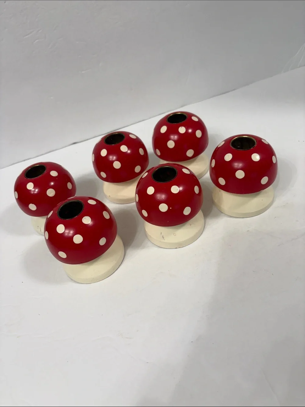 Vintage set of 6 turned wood Fly Agaric Mushroom candlestick holders H~3